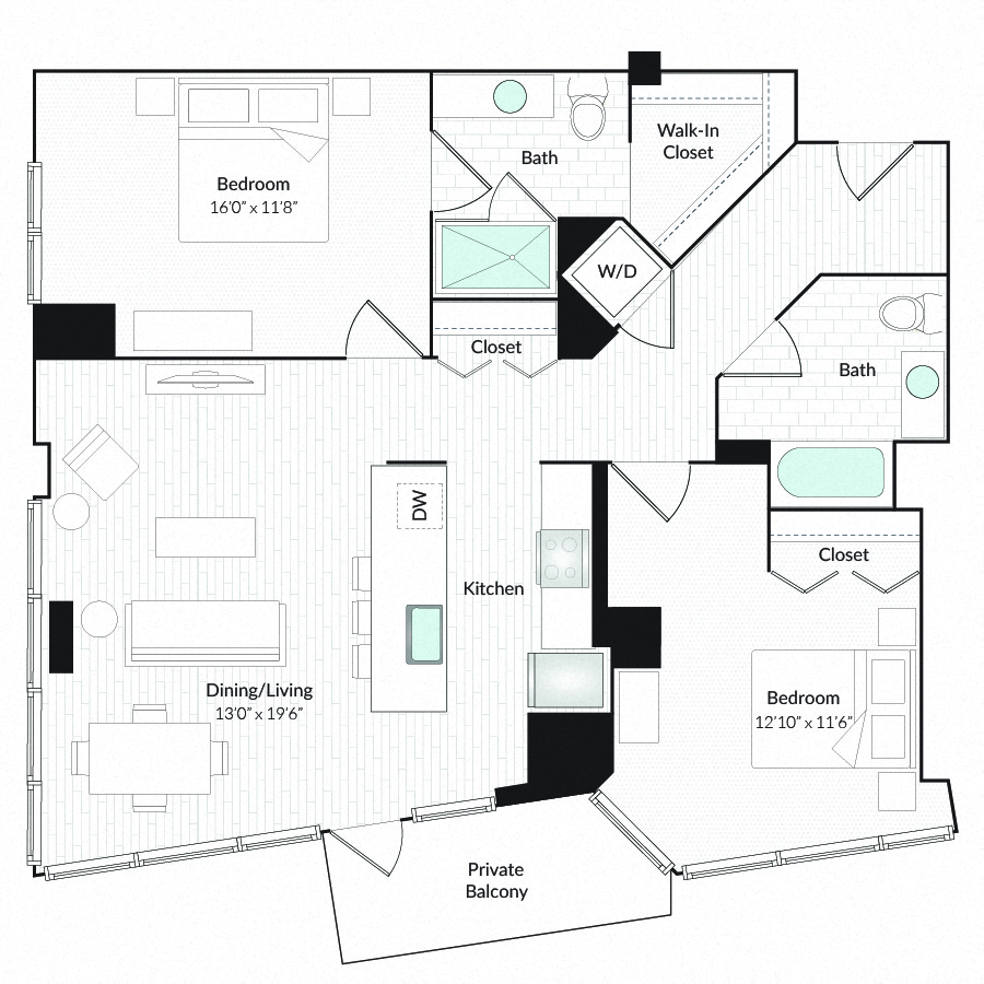 Floor plan for 2 beds, 2 baths, 1230 sqft
